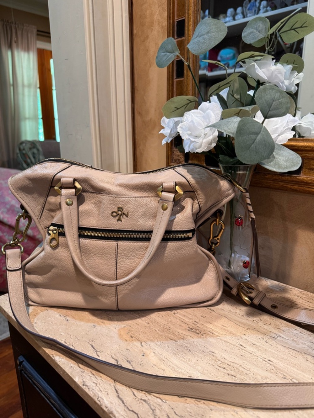 orYANY Blush Cream Leather Shoulder Bag with Gold Hardware